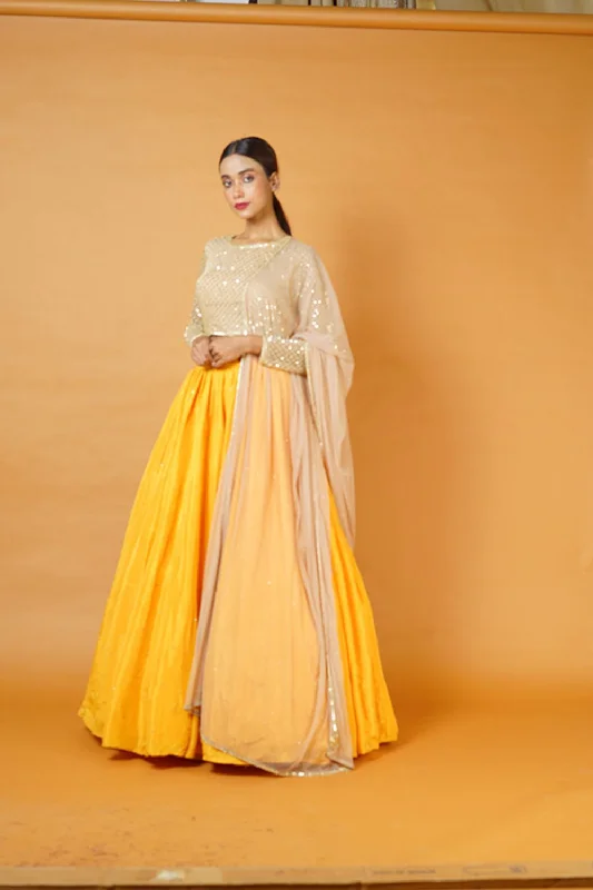 Gold Blouse And Dupatta With Fire Yellow Lehenga Polished Work Blouse