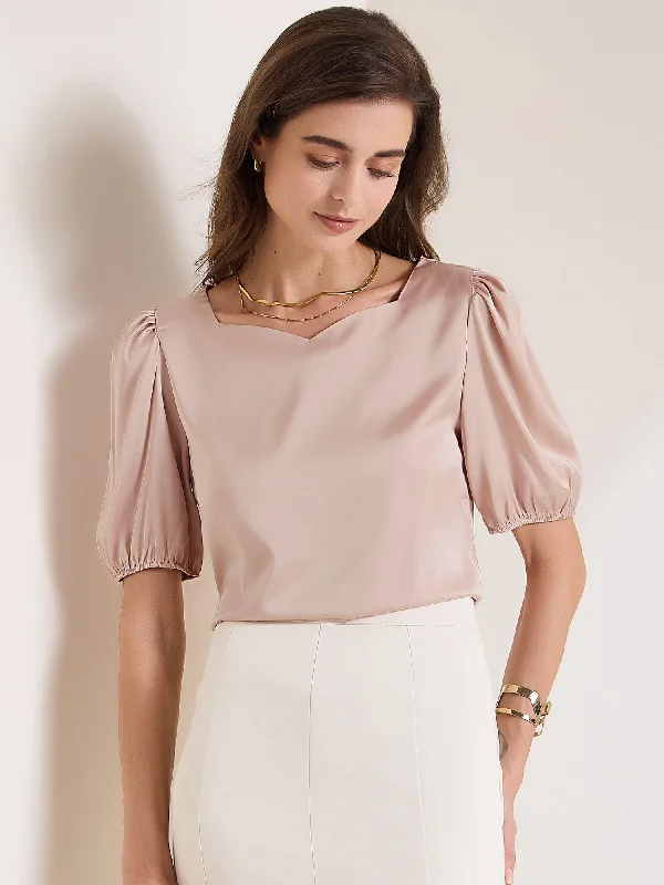 Sweetheart Neck Puff Short Sleeve Office Work Satin Blouse Business Casual Blouse