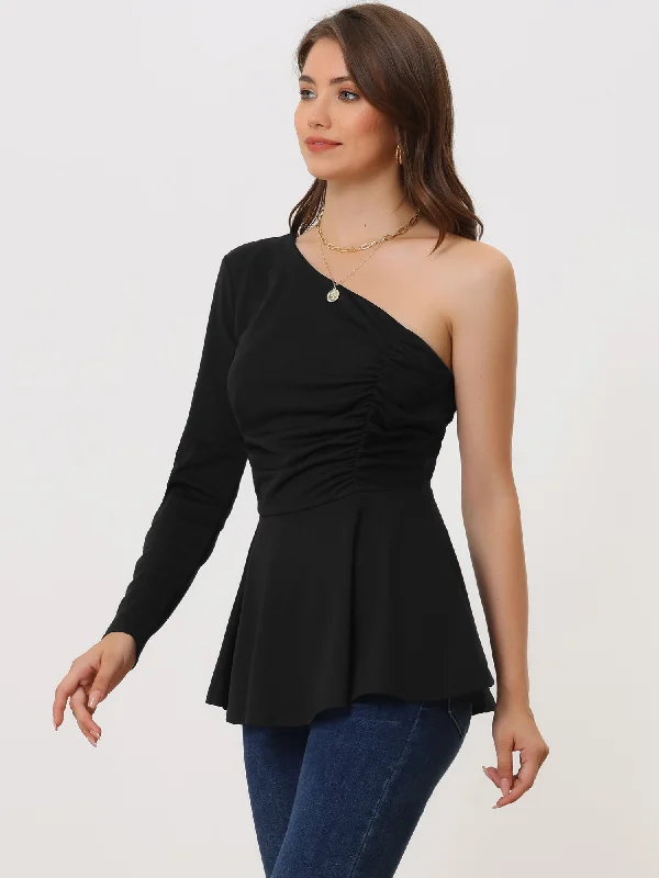 One Shoulder Long Sleeve Ruched Peplum Solid Blouse Satin Drape Blouse