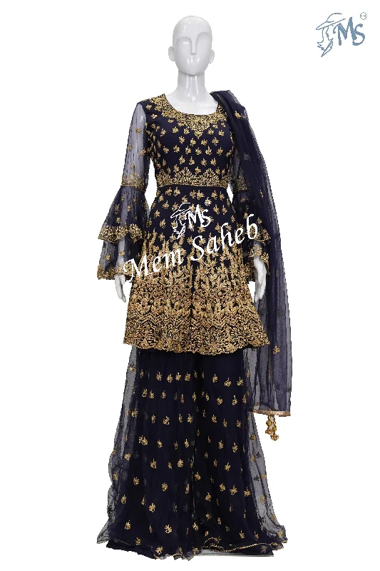 Indo Western Indigo Blue Assymetrical Frock Top with Gharara Pant Soft Stretch Pants Indo Western Indigo Blue Assymetrical Frock Top with Gharara Pant Soft Stretch Pants