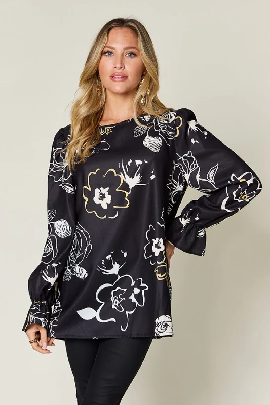 Double Take Full Size Printed Flounce Sleeve Blouse Double Button Blouse