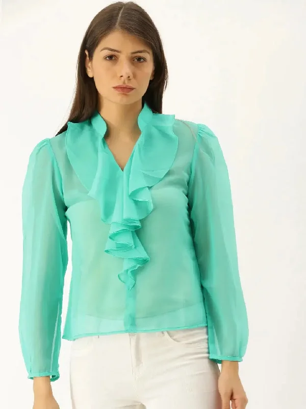 Frill neck Blouse in Mint Blue Embroidered Floral Blouse