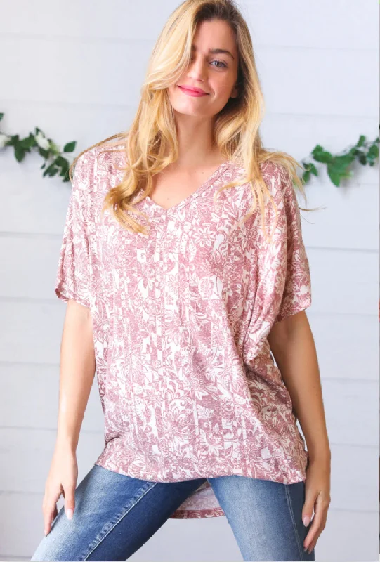 Mauve Floral Dolman Blouse Satin Long Blouse