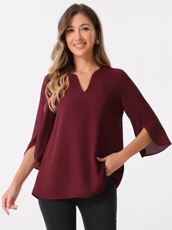 3/4 Split Sleeve Notch Neck Flowy Mesh Casual Blouse Elegant Peplum Blouse