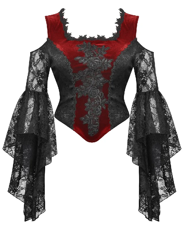 Dark In Love Womens Dark Elegant Gothic Velvet & Lace Applique Blouse Top - Red & Black Silky Tunic Blouse Dark In Love Womens Dark Elegant Gothic Velvet & Lace Applique Blouse Top - Red & Black Silky Tunic Blouse