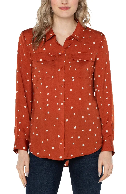 Liverpool Flap Pocket Button Front Woven Blouse (Dot/Maple Red) (plus size available) Airy Cotton Blouse Liverpool Flap Pocket Button Front Woven Blouse (Dot/Maple Red) (plus size available) Airy Cotton Blouse