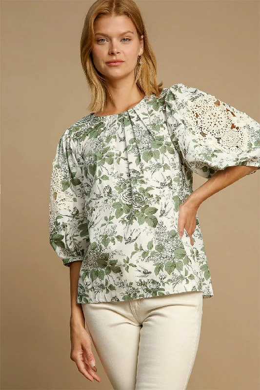 Umgee Floral Pleated Detail Lace Trim Sleeve Blouse In Sage Semi-Sheer Blouse