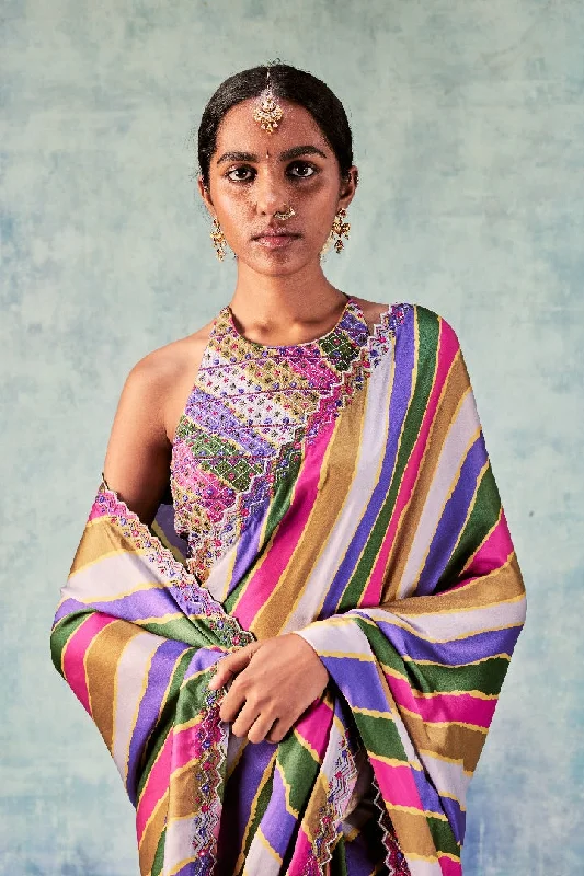 Stripes Saree With Rani Blouse Elegant Embroidery Blouse
