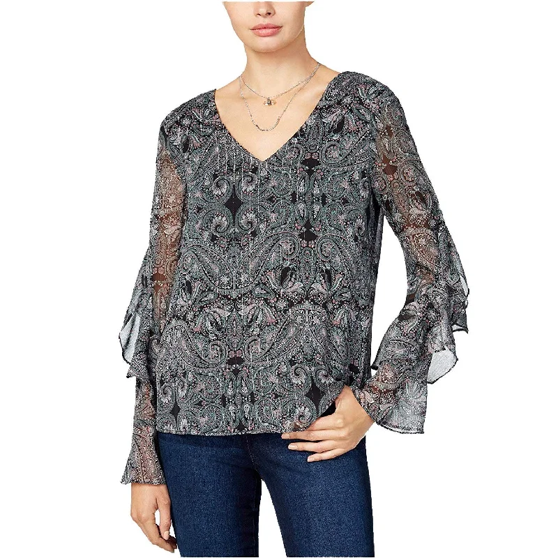 BCX Juniors Sheer Metallic Printed Long Ruffle-Sleeve Blouse Office Formal Blouse