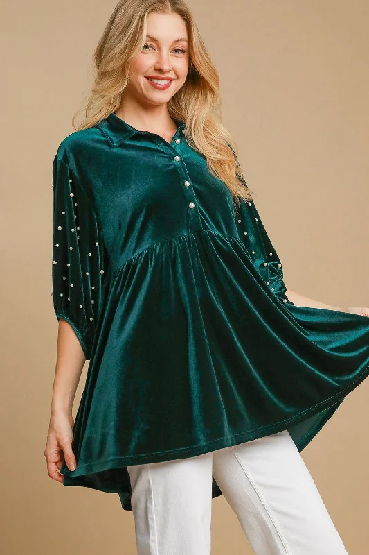 Umgee Pearl Detail Half Sleeve Velvet Babydoll Blouse - Greeen Balloon Sleeve Blouse