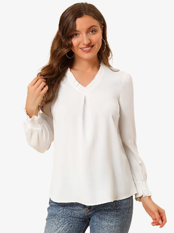 Work Shirt Ruffled V Neck Long Sleeve Workwear Solid Blouse Elegant Semi-Sheer Blouse