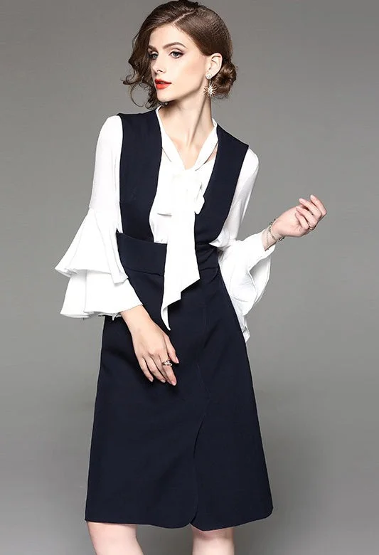 Ruffled Blouse and Overall Dress Set Feminine Puff Blouse