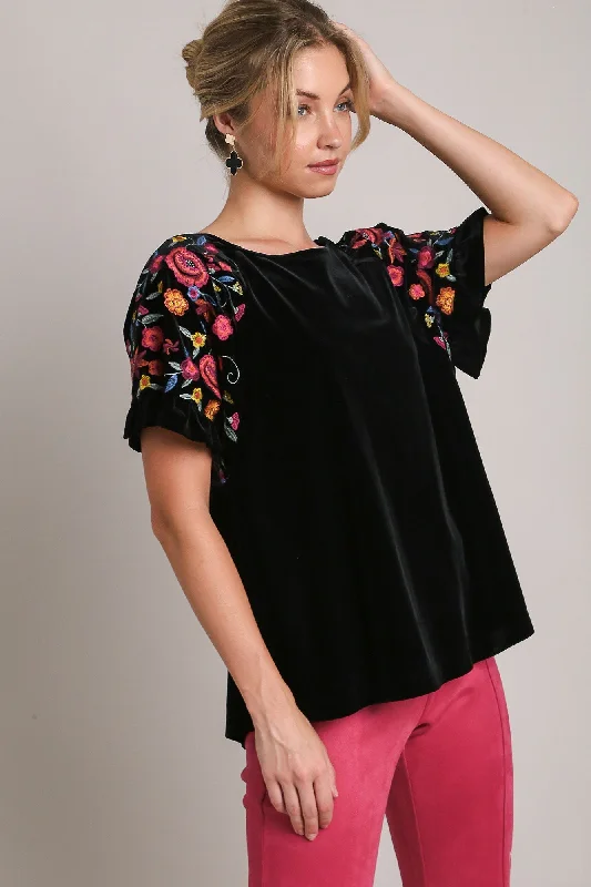 Umgee Velvet Embroidery Short Sleeve Blouse In Black Ruffled Neck Blouse