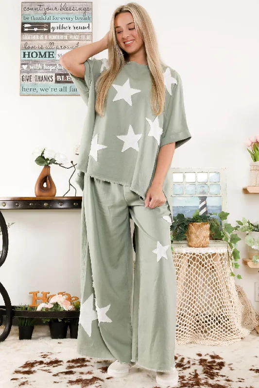 LINEN BLENDS STAR PATCH TOP & PANTS SET Formal Stretch Pants