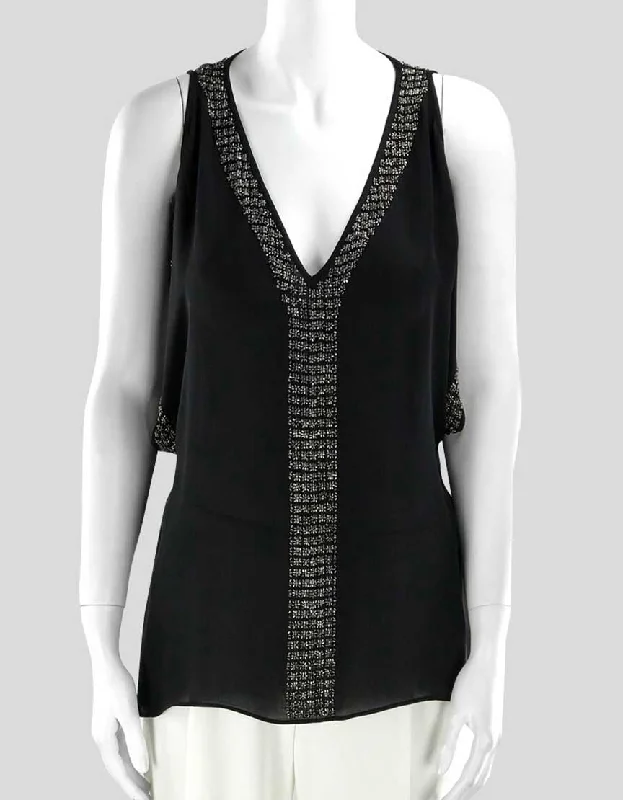 Parker Women's Open Shoulder Black Silk Evening Blouse Deep V-Neck And Metal Accents Size X-Small Feminine Satin Blouse