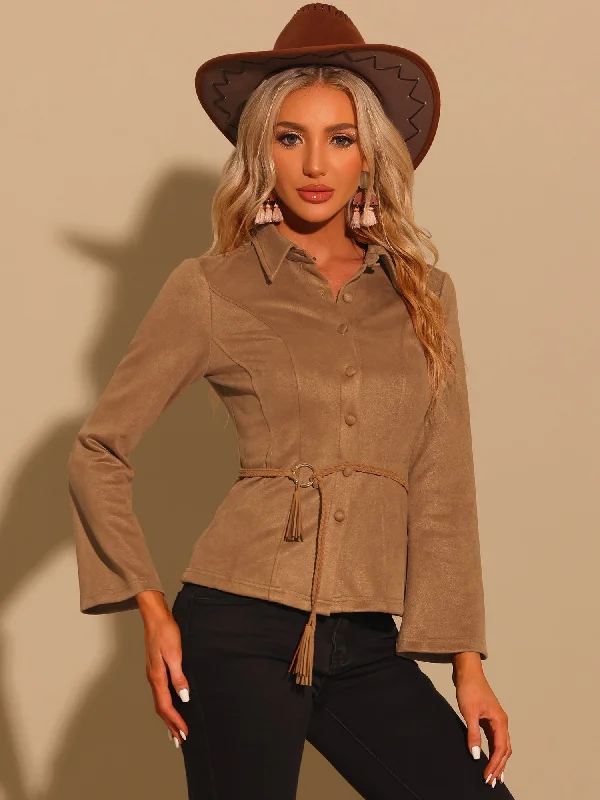 Faux Suede Point Collar Casual Button Down Long Sleeve Blouse Asymmetric Hem Blouse