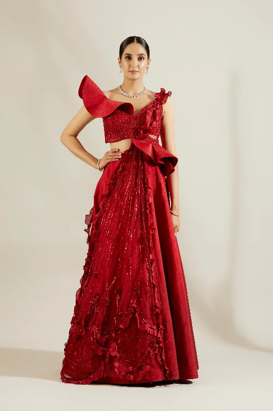 Brill crimson sculpted blouse with skirt Loose Fit Blouse