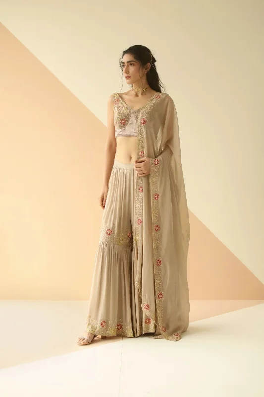 GREY CUPWORK BLOUSE EMBROIDERED SHARARA WITH BORDER DUPATTA Feminine Tie Blouse