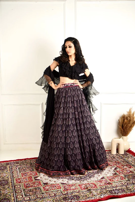 IMAARA black ruffled blouse and printed lehenga Pleated Collar Blouse