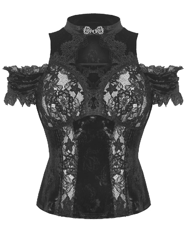 Dark In Love Womens Romantic Gothic Embossed Rose Velvet & Lace Blouse Top Oversized Silk Blouse Dark In Love Womens Romantic Gothic Embossed Rose Velvet & Lace Blouse Top Oversized Silk Blouse