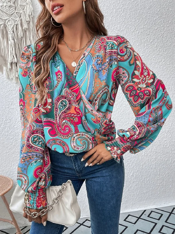 Printed Faux Wrap Lantern Sleeve Blouse Romantic Lace Blouse