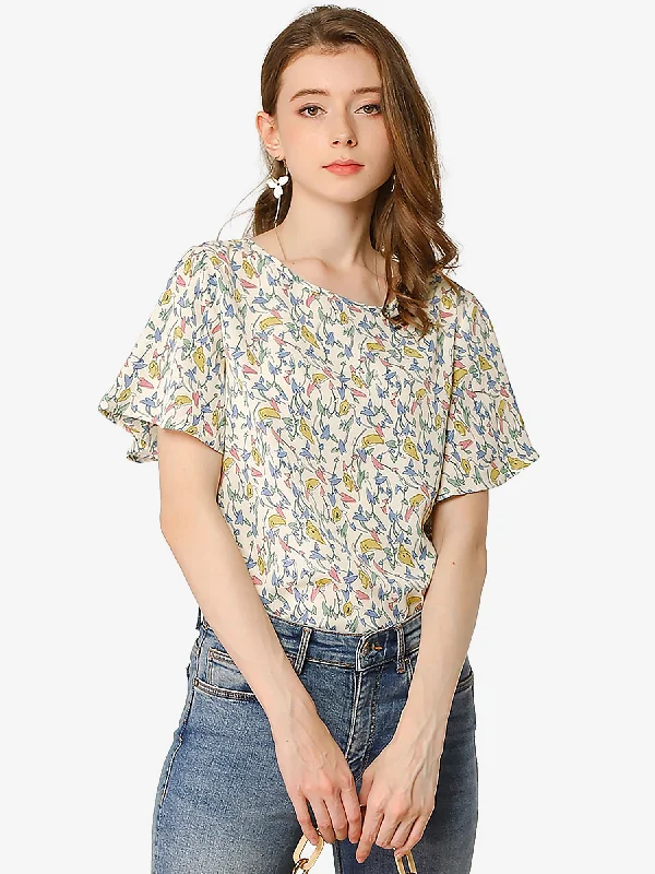 Floral Blouse Tee Chiffon Casual Flutter Sleeve Tops Embroidered Floral Blouse