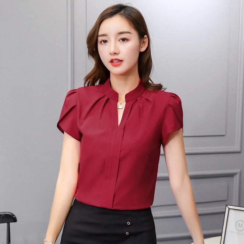 Women V Neck Chiffon Blouse Short Sleeve Solid Color Shirt Large Sizes Bodycon Elegant Ladies Autumn Fashion Shirt Sheer Sleeve Blouse Women V Neck Chiffon Blouse Short Sleeve Solid Color Shirt Large Sizes Bodycon Elegant Ladies Autumn Fashion Shirt Sheer Sleeve Blouse