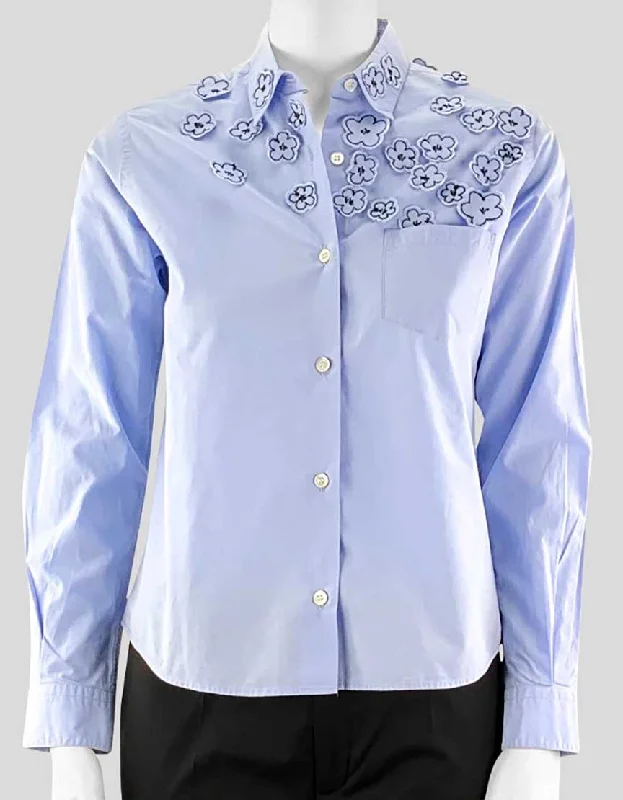 Jimmi Roos Light Blue Blouse With Flower Detail Size 2US Short Sleeve Blouse