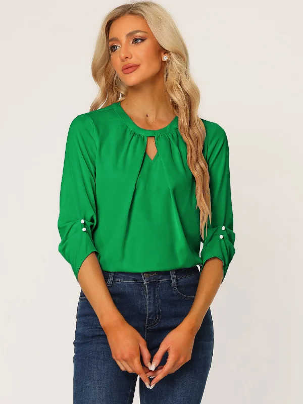 Office Keyhole Pleated 3/4 Sleeve Chiffon Blouse Off-Shoulder Wrap Blouse