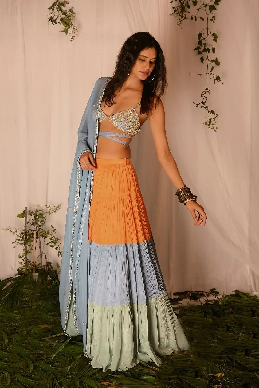 Tie-up Hand-embroidered Blouse with Lehenga and Hand-embroidered Dupatta Feminine Satin Blouse