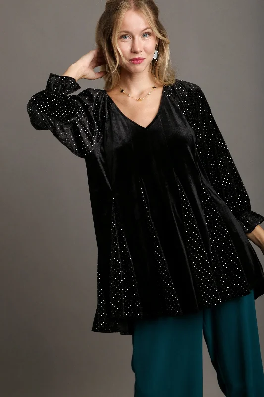 Umgee Godet Hem Polka Dot V-Neck Blouse In Black Cotton Casual Blouse