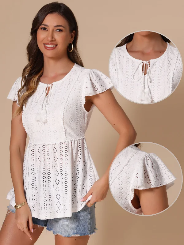 Eyelet Cap Sleeves Tie Neck Summer Blouse Side Tie Blouse