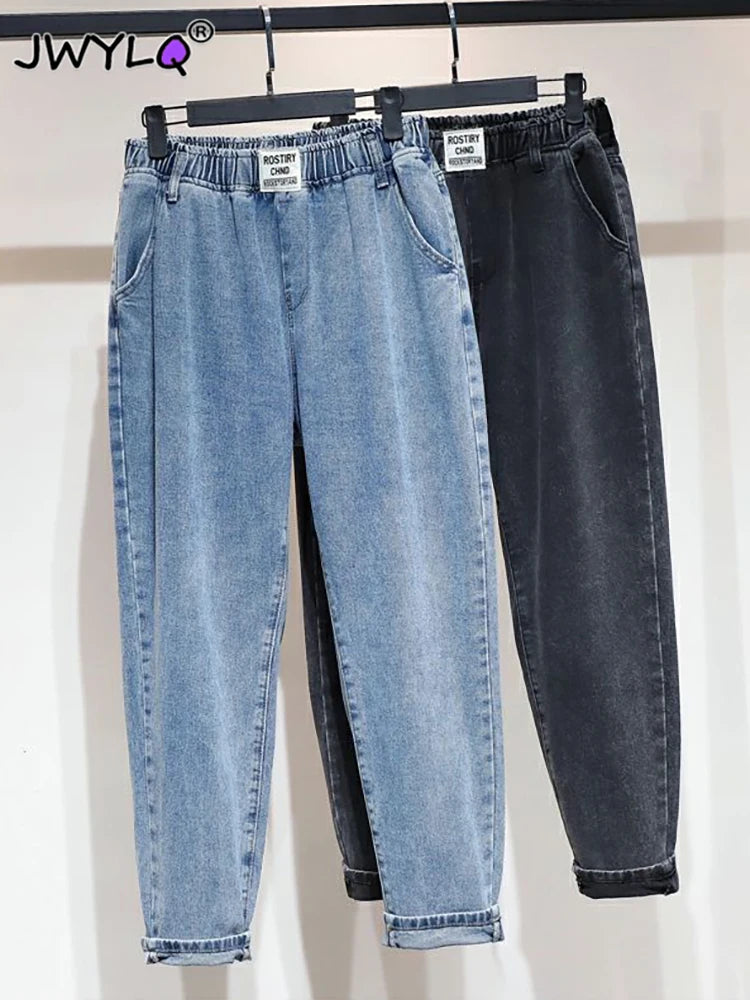 Oversize 5xl High Waist Elastic Waist Ankle-length Harem Denim Pants Women Simple Basic Loose Streetwear Women Pants Vaqueros Comfortable Wide-Leg Pants