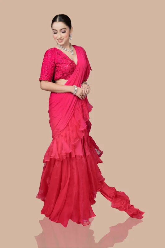 Rani Pink Drape Saree With Ruffles And Blouse Peter Pan Collar Blouse