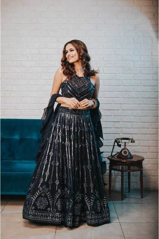 Blue foil work lehenga with halter hand embroiderd blouse Chic Off-Shoulder Blouse