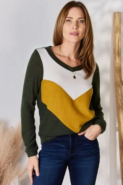 Hailey & Co Colorblock V-Neck Blouse In Olive Casual Stripe Blouse