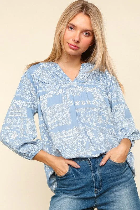 Haptics Full Size Printed Notched Balloon Sleeve Blouse Peter Pan Blouse