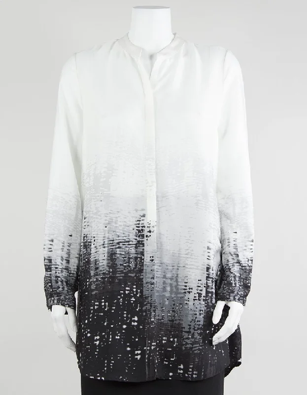 Elie Tahari White And Black Button Down Collared Abstract Print Blouse With Long Sleeves Small Floral Print Blouse