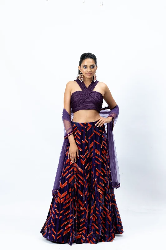 Violet Blouse with Printed Lehenga and Violet Dupatta Versatile Layering Blouse