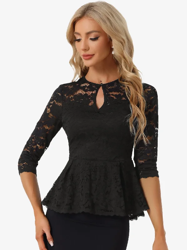 Lace Elegant Solid Color Sheer 3/4 Sleeve Peplum Blouse Floral Chiffon Blouse