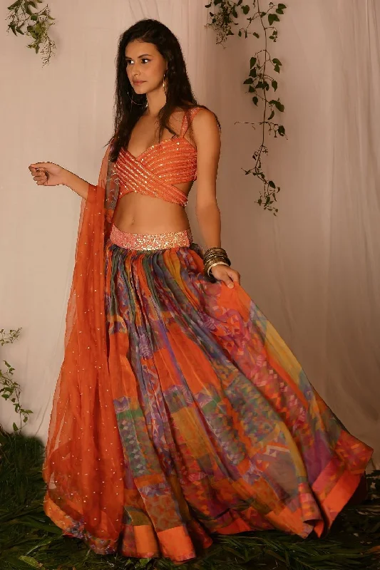 Hand-embroidered Blouse with Hand-embroidered Lehenga and Dupatta Semi-Sheer Blouse