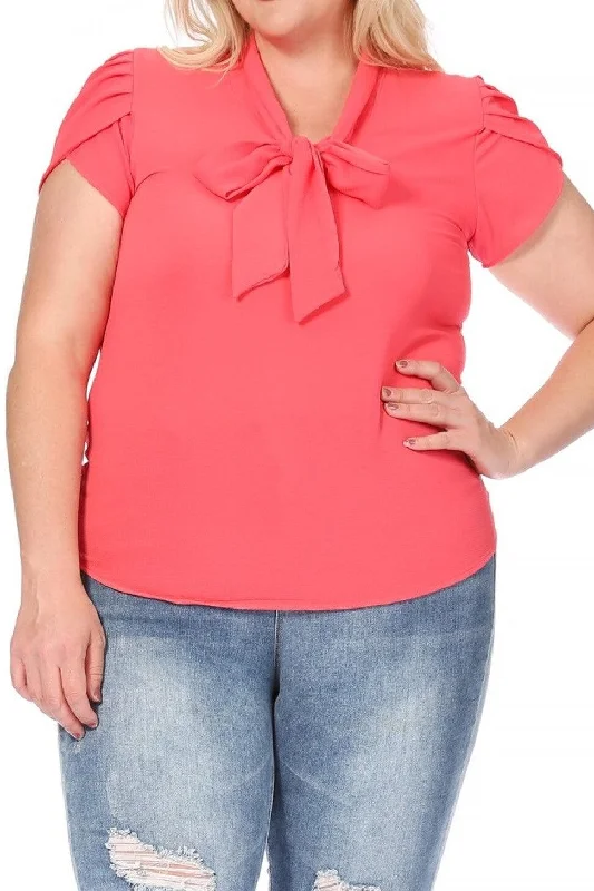 Women's Plus Size Solid Petal Sleeve Bow Tie Neck Short Sleeve Blouse Lightweight Floral Blouse