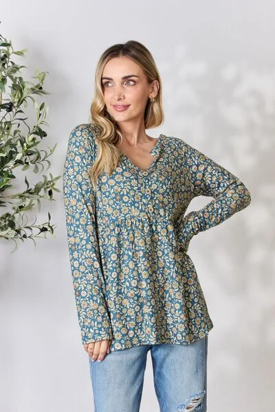 Heimish Floral Half Button Long Sleeve Blouse Stretchy Fitted Blouse