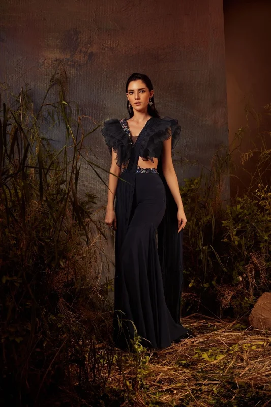 Mid night blue ruffle blouse pants saree set Romantic Lace Blouse