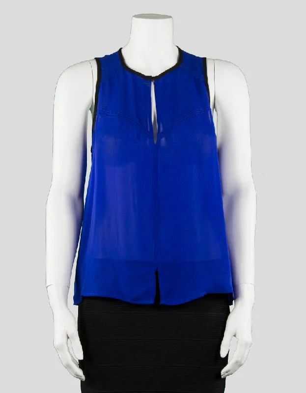 A.L.C. Blue Sleeveless A Line Blouse With Black Trim And Peep Hole At Collar And On Back And Slit At Front Waist Size Small Gathered Detail Blouse