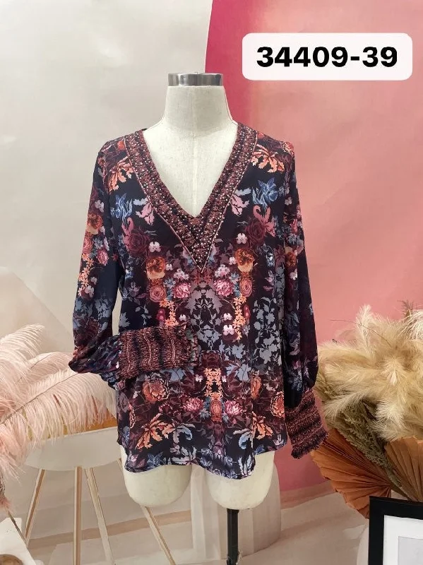 34409-39 Gem Women's Black Blouse Subtle Shimmer Blouse