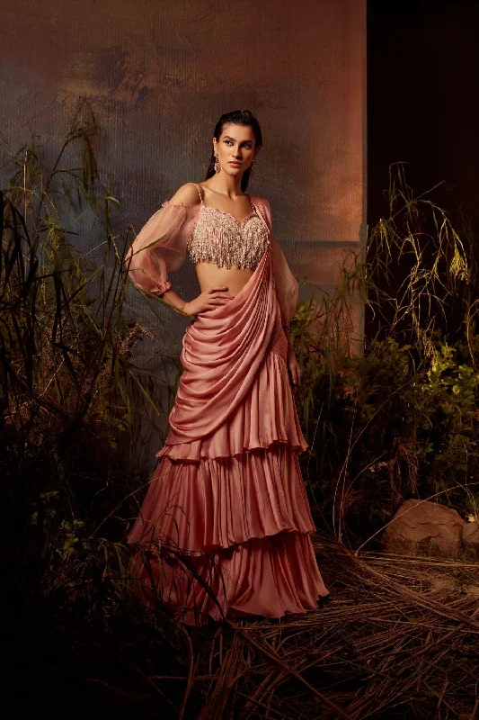 AKIRA Embroidered tassled blouse with ruffle layer lehenga set Balloon Sleeve Blouse