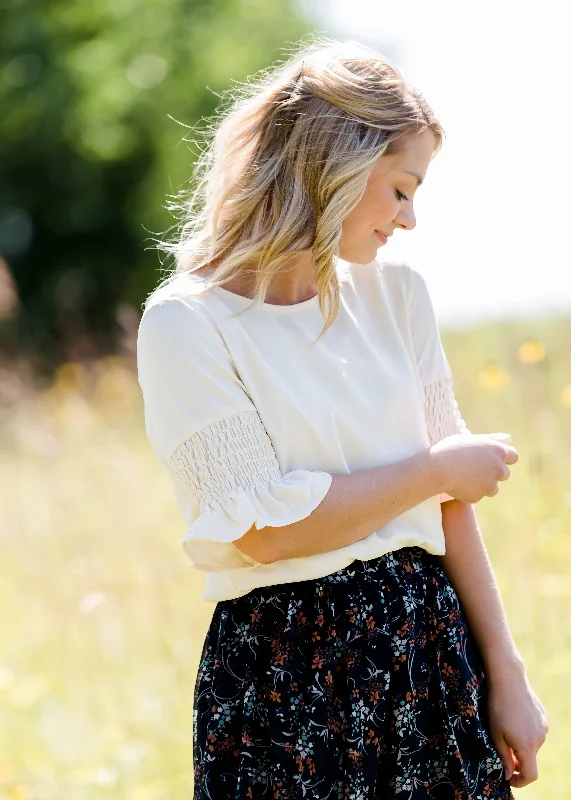 Ruched Sleeve Ivory Blouse Asymmetric Hem Blouse