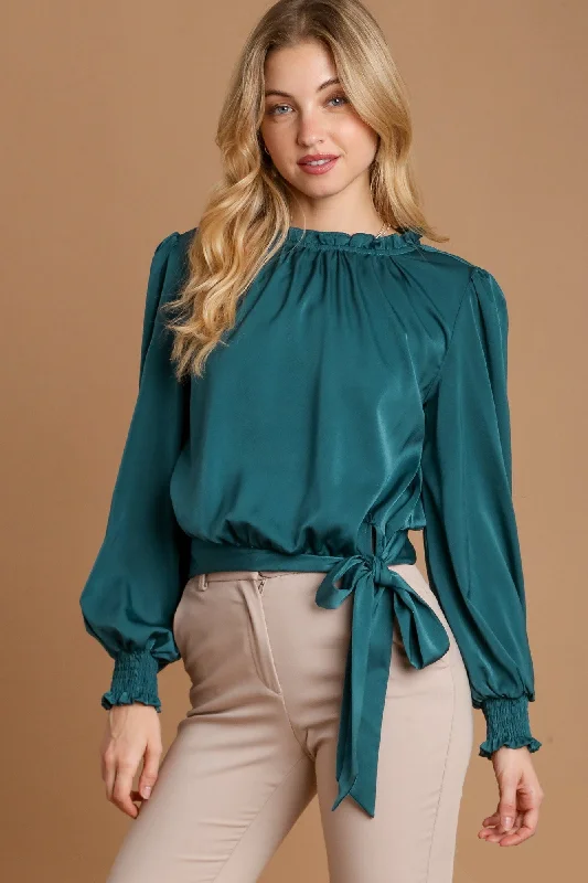 Umgee Frill Tied Hem Long Sleeve Blouse Frilled Cuff Blouse