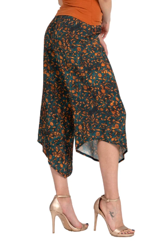 Petrol Vintage Floral Asymmetric Cropped Pants Chic Slim Fit Pants